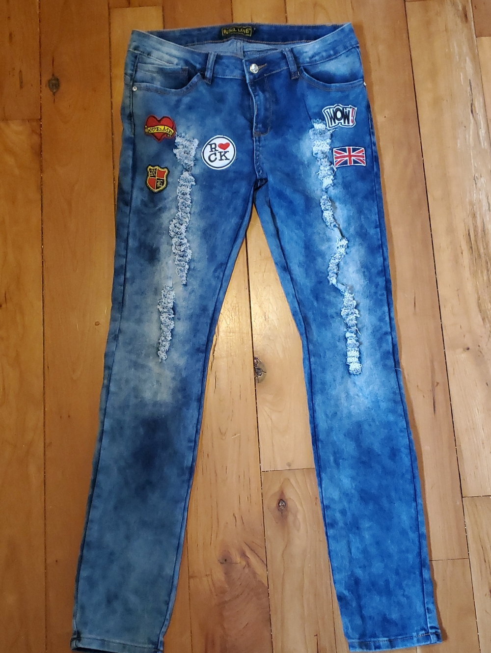 REBEL LOVE Distressed Patchwork Blue Skinny Jeans 13/14